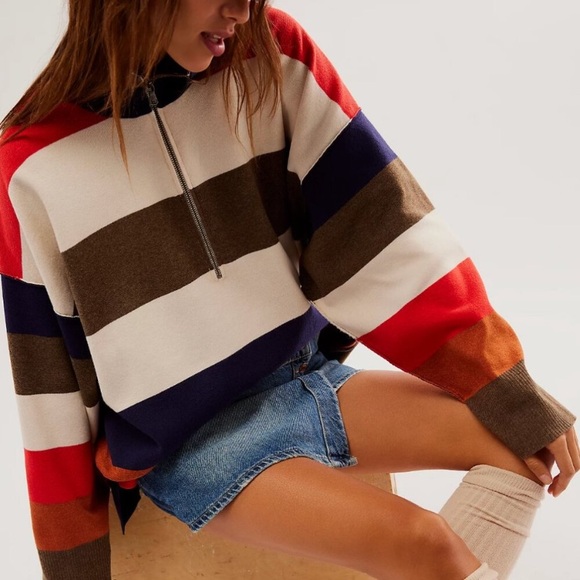 Free People Coastal Stripe zip pullover tunic sweater - Picture 2 of 14
